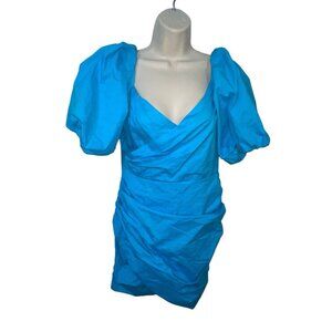 DO + BE Women's Size Large Ruched Mini Dress Puffed Sleeves Bright Blue